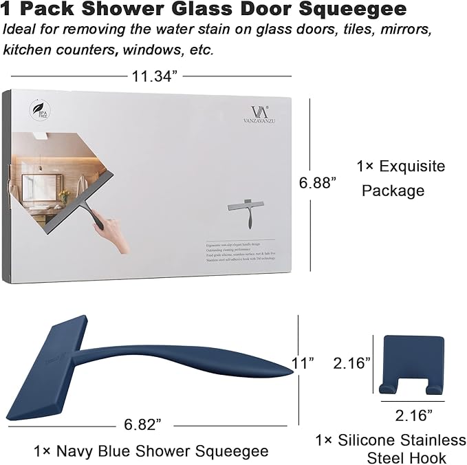 Squeegee for Shower Glass Door, 11-Inch Shower Squeegee for Glass Doors, Bathroom Silicone Squeegees Wiper for Shower with Non-Slip Handle, No-Drilling Silicone Hanging Hook, for Tiles (Dark Blue)