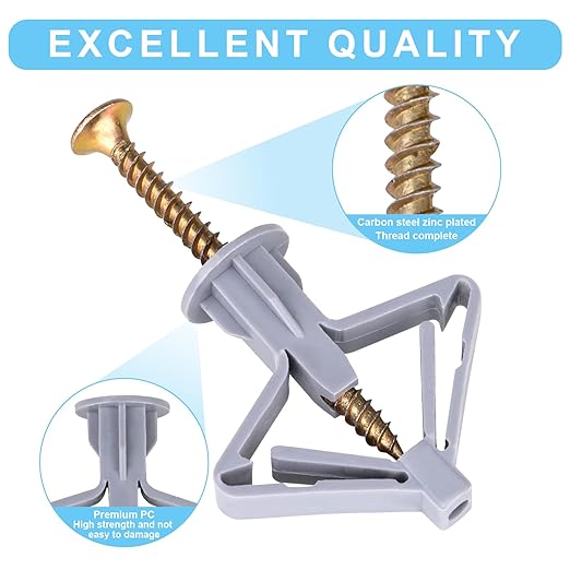 Hollow-Wall Anchors, One Size, 65Lbs Anchors 50pcs+Screw 50pcs Drywall Anchor kit with Screws, Self-Drilling Hollow Wall Anchors, Grey