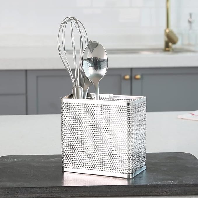 LENITH Kitchen Utensil Chopsticks Perforated Holder with Hooks - 304 Stainless Steel Storage for Organizer Dishwasher Safe (Small Rectangle)