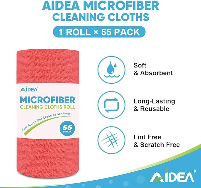 AIDEA Microfiber Cleaning Cloth, 165 Sheets(3 Roll), Micro Fiber Cloth for Cleaning Car, Reusable Paper Towels, Red Shop Rags for Automotive, Mechanic, Workshops, House,11×9"