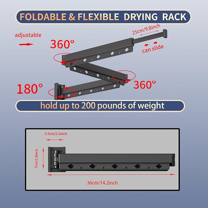 Clothes Drying Rack, Laundry Drying Rack Wall Mount for Bathroom, Retractable and Foldable Clothes Rack for Indoor, Space Saver for Laundry Room, Balcony, Closet, Bedroom(3-Fold), Black