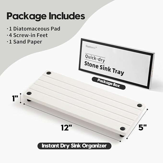 Instant Dry Sink Caddy Kitchen Sink Organizer, Quick Drying Stone Tray Diatomite Sponge Holder Soap Dish, Bathroom Countertop Fast Dry Water Absorbing Vanity Rack, White, 12" x 5"