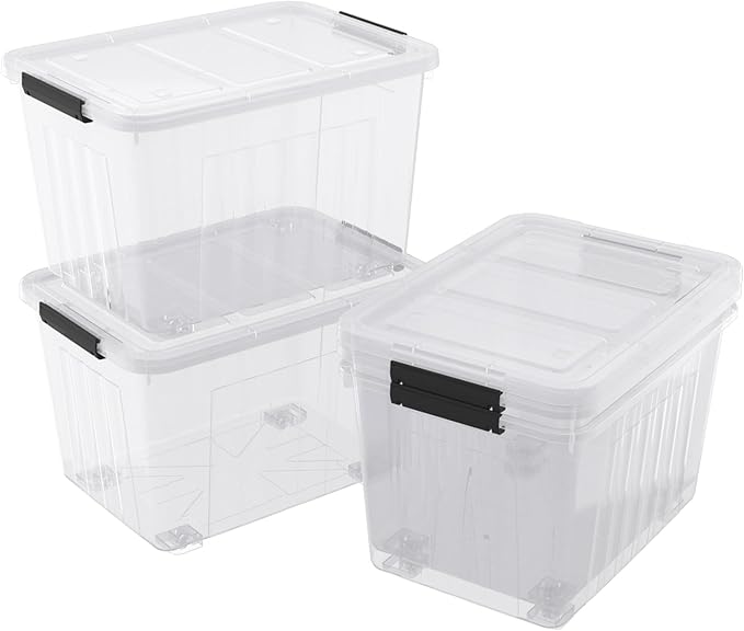 70 Quart Large Storage Bin with Wheels, Clear Plastic Storage Bins with Lids, 4-Pack