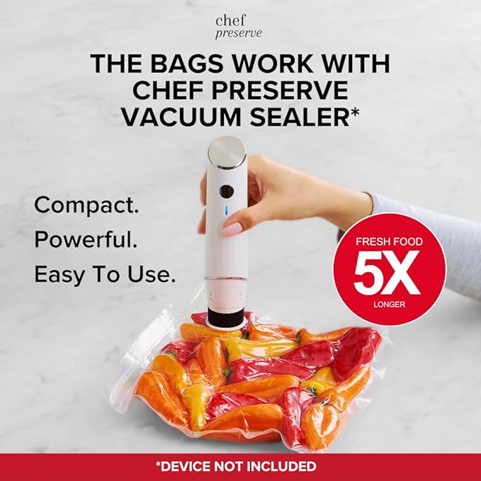 Chef Preserve Reusable Vacuum Sealer Bags for Food – 30 BPA-Free XL Large (12 x 20 in) Food Storage Bags, Freezer, Microwave – Odor-Resistant, Leak-Proof – Compatible with Chef Preserve Vacuum Sealers
