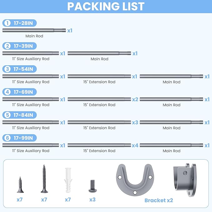 Closet Rods for Hanging Clothes, 17 to 84 Inches No-Cut Stepless Adjustable Closet Rod, 1.3 Inches Expandable Metal Heavy Duty Closet Hanging Rod for Closet Wardrobe Bathroom Laundry RV, Silver