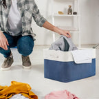 Organization and Storage Bins for Shelves - 2 Pack 17X15X12 inch Canvas Storage Cubes Collapsible Baskets for Organizing with Handles, Storage Box for Cloth Decorative (White & Blue)