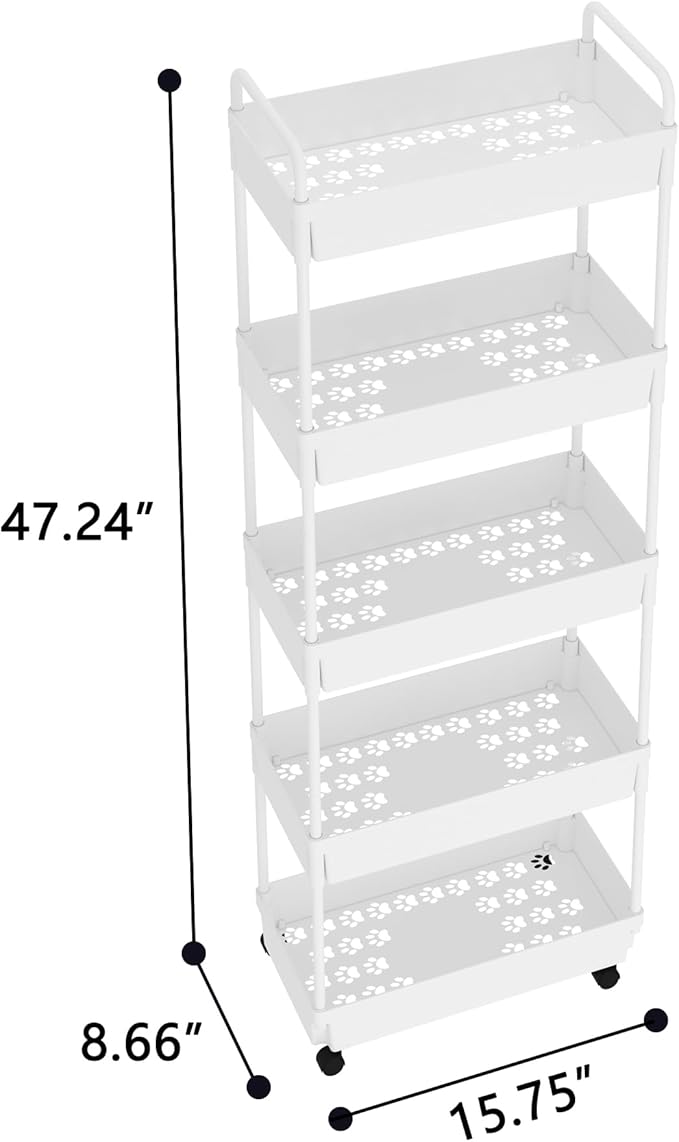 5-Tier Storage Cart，Shelf Organizer Mobile Shelving ，Utility Rolling Cart，Multifunction Movable Storage Organizer with Lockable Wheels,White