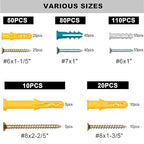 KURUI Drywall Anchors and Screws Assortment Kit 270PCS, 135 Plastic Dry Wall Expansion Anchors and 135 Philips Flat Head Wood Screws, 5 Sizes Wall Hanging Kit for Art Decor, Replaces Picture Nails