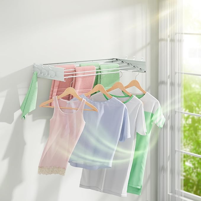 Wall Mounted Drying Rack 40", Foldable Laundry Clothes Drying Rack with 6 Towel Hooks and 5 Rods for Hanging Clothes, Space Saving for Indoor Outdoor Bathroom Balcony Laundry Room(40")