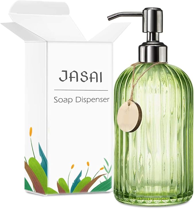 JASAI 18 Oz Vertical Striped Green Soap Dispenser with 304 Rust Proof Stainless Steel Pump, Refillable Lotion Soap Dispenser for Bathroom, Kitchen, Hand Soap, Dish Soap (Clear Green)