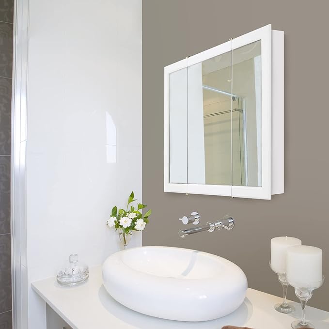 Design House Concord Medicine Cabinet, 3 Mirrored Doors, Pre-Assembled, 3 Fixed Shelves, White Frame Wall Cabinet, 30 in W x 5.25 in D x 30 in H, 531434-WHT