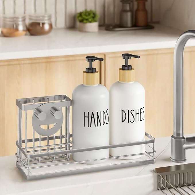 Moforoco Kitchen Dish Soap Dispenser Set, 16OZ Glass Bottle, Hand and Dish Soap Dispenser Set, Instant Dry Tray, Non-Slip Silicone Pad, Brush Holder with Sponge Holder, Kitchen Decor（White Bottle）