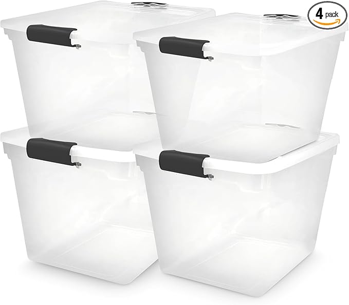 HOMZ 4-Pack Latching Lid, Large Clear Plastic Storage Bins with Lids, 31 Quart, Gray Latch - Stackable Container Boxes for Home, Bathroom, and Office Organization