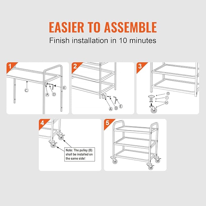 VEVOR Kitchen Utility Cart, 37.5"x19.7"x37.7" 3 Tiers Wire Rolling Cart, 450LBS Capacity Steel Service Cart with Brake Wheels, Storage Trolley with 80mm Basket PP Liner 6 Hooks, Indoor & Outdoor Use