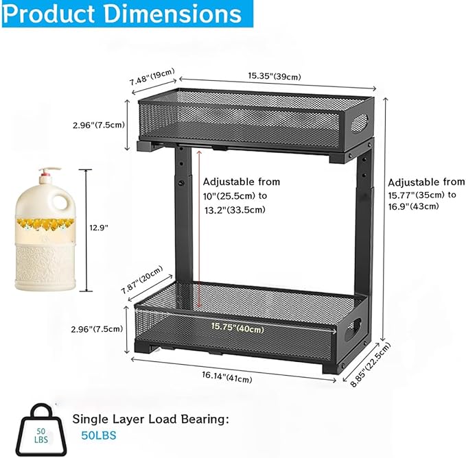 Under Sink Organizer, 2-Tier Pull Out Cabinet Organizer with Adjustable Height, Use in Kitchen Bathroom Cabinet and Countertop Storage, Black, 2-Pack