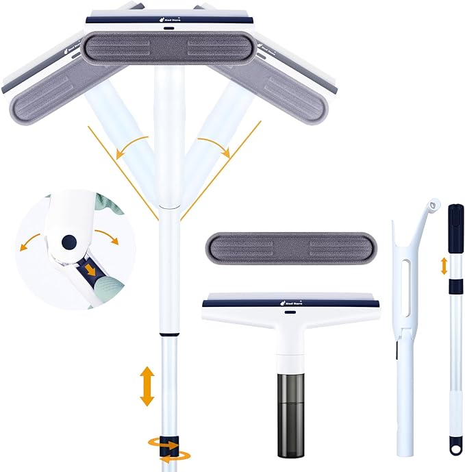 Red Horn Window Squeegee with Long Handle, Mirror Window Cleaning Squeegee Kit with Washable Pad and Blade Cleaner for Glass,Wall, Window, Mirror.White Color