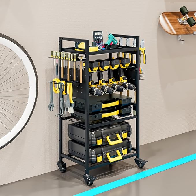 Large Power Tool Organizer Cart, Garage Floor Standing Rolling Drill and Tools Battery Storage Cart on Wheels, Heavy Duty Utility Rack Shelf,Utility Rack Gift for Men, Husband, Father.