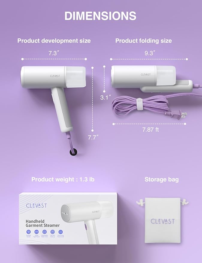 CLEVAST Travel Steamer for Clothes - Portable Handheld Garment Steamer for Clothing, Small Foldable Travel Size Fabric Wrinkle Remover, 30-Second Fast Heat Up, 1000W Powerful Steam Output, 120V Only