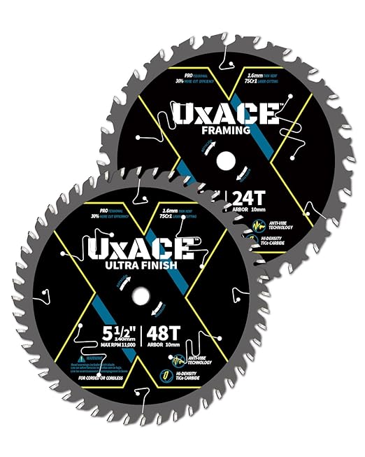 5-1/2-Inch 24&48-Tooth Circular Saw Blade with 10 mm Arbor, Framing & Ultra Finish Wood Cutting, Carbide Tip, Thin Kerf, for Plywood, MDF, OSB, Laminated, 2 Pack