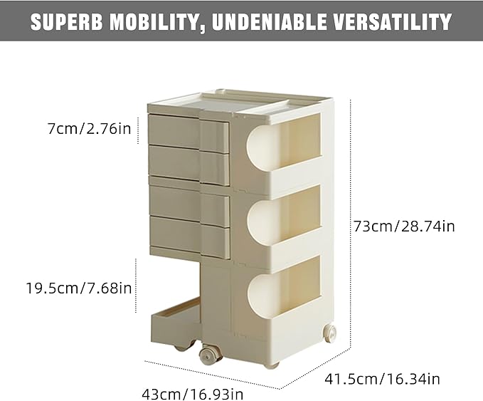 Multipurpose Utility Storage Cart - ABS Plastic Storage Caddy with Wheels and Slide Out Drawers - 360°Rotating Professional Trolley Cart - Mobile Caddy for Salon Supplies, Kitchen Needs (Beige)