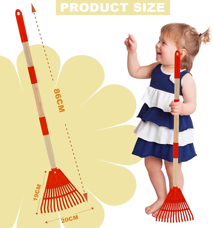 Kids Leaf Rake - 3-Section Adjustable Handle, Lightweight, Wood & Plastic, Small Garden Tool for Children (Red+Yellow)