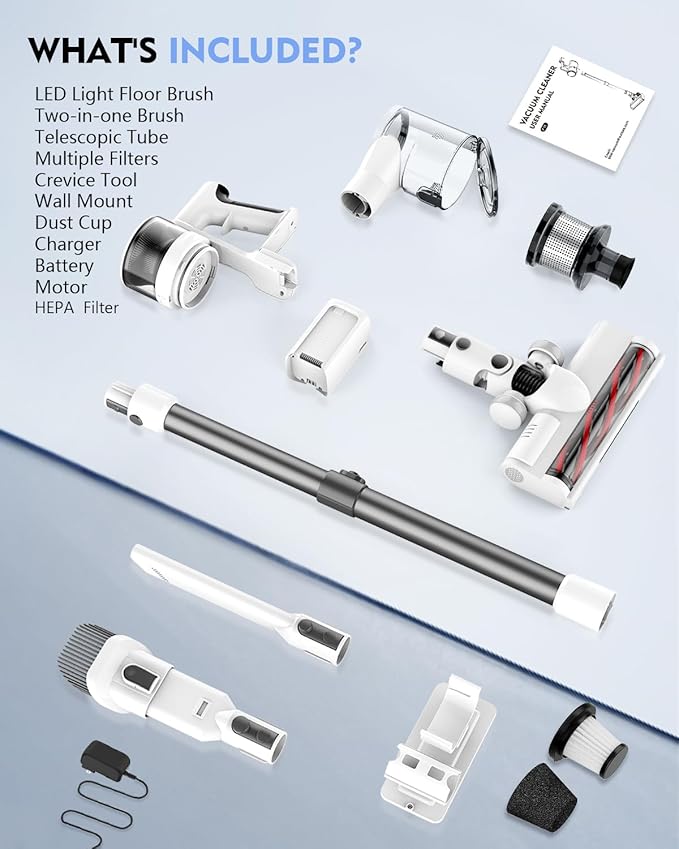 Cordless Vacuums, 80,000PRM Powerful Motor Vacuum Cleaner and 2200mAH Rechargeable Battery up to 35 Mins Worktime, 2 Adjustable Modes, Detachable Parts, Wireless Stick Vacuum (True White)