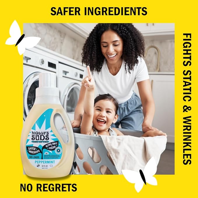 Molly’s Suds Fabric Softener Liquid for Sensitive Skin | Vinegar-Powered, Infused with Essential Oils | Fights Static, Reduces Wrinkles, Deodorizes | Peppermint, 50 Loads