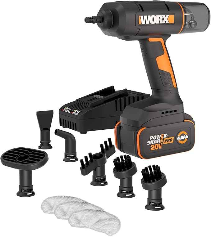 Worx 20V SteamStorm Cordless Handheld Steam Cleaner w/Accessories, Steamer for Cleaning 220°F 8-Second Preheat, Lightweight Portable Steamer for Home Car – Battery & Charger Included