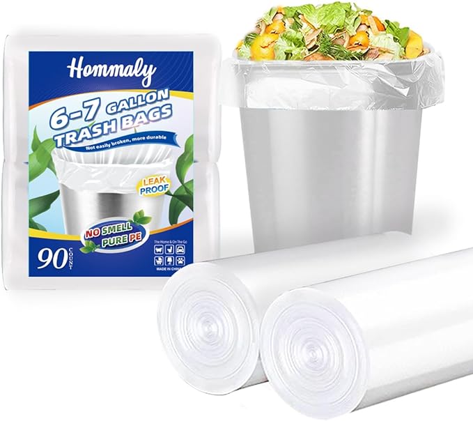 Hommaly 6-7 Gallon 90 pcs Small Clear Trash Bags Strong Clear Garbage Bags, Bathroom Trash Can Bin Liners, Plastic Bags for Office, Fit 6 gallon,7 gallon Waste Basket Liner 5,6,7 Gal(6-7G90-Clear)