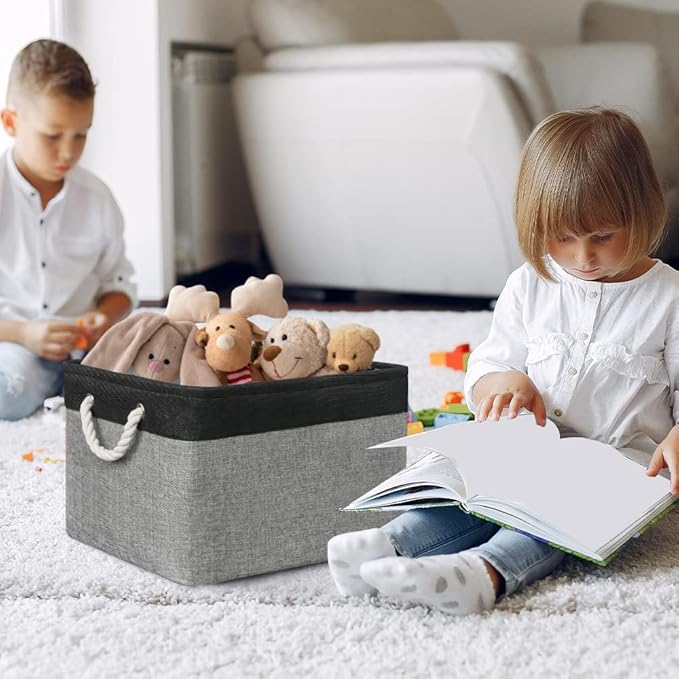 Organization and Storage Bins for Shelves - 17X15X12 inch 2 Pack Foldable Baskets for Organizing, Fabric Storage Cubes with Rope, Storage Box for Decorative Cloth (Black & Grey)