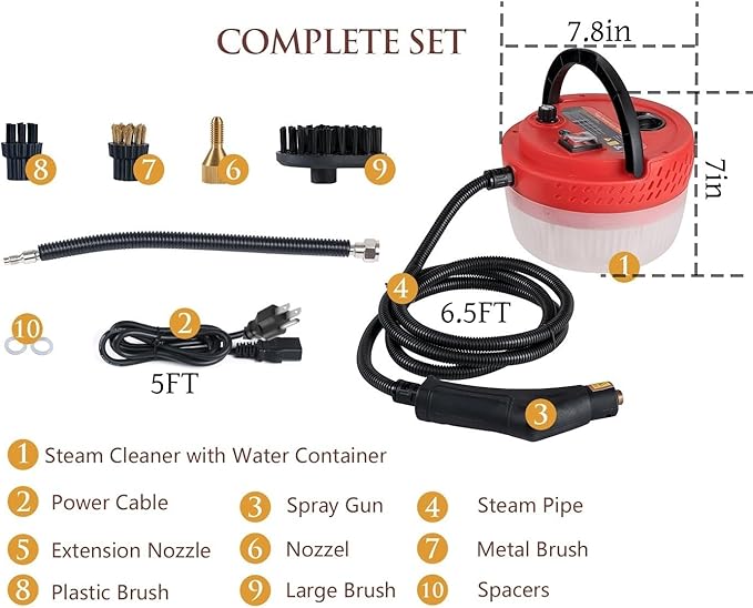 Handheld Steam Cleaner 2500W Powerful Steamer for Cleaning Home Upholstery Car and More, 15s Heat-Up, Portable Steam Cleaner for Deep & Multi-Surface Cleaning (Red)