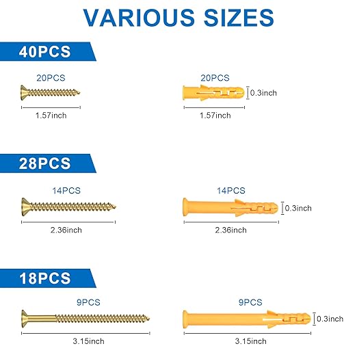Aovchei Drywall Anchors Kit, 86pcs, 43 Plastic Drywall Anchors and 43 Philips Flat Head Screws, 3 Size #8 * 40#8 * 60#8 * 80, Wall Hanging Kit for Hanging Picture Frame, Shelf Brackets, Curtain Rod