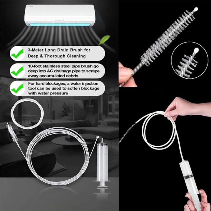 Air Conditioner Drain Line Cleaner Tool Kit, Powerful Ac Drain Cleaner with 118 Inch Flexible Pipe Brush & Drain pipe water filling tool for AC, Washer, Fridge, Car Ac Drain Hole Unclog and Clean