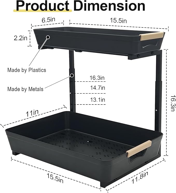 Under Sink Organizer,2 Tier Pull Out Adjustable Height Under Cabinet Storage,Under Sink Storage for Kitchen Bathroom Cabinet(1 Pack)