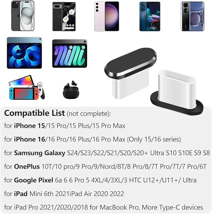 USB C Dust Plug, 4 Pack Type C Anti Dust Plug Cover Charging Port Protector Cap with Cleaning Brush for iPhone 15 Series, Samsung Galaxy S22/S21/S20, Note 20/10, All USB C Devices