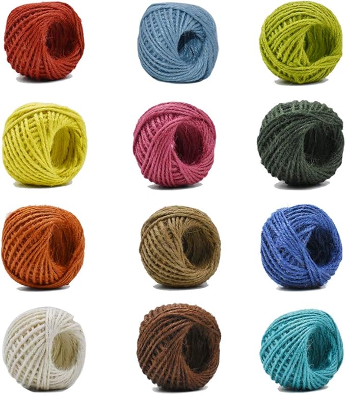 12 Color Jute Twine Natural Jute String 2mm 3 Ply for Artworks, DIY Crafts, Gift Wrapping & Embellishments - 33 Yard per Roll