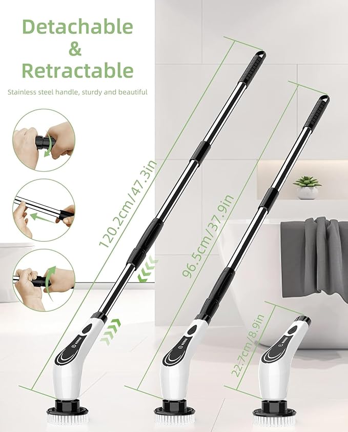 Electric Spin Scrubber, Cordless Cleaning Brush, Shower Scrubber with 8 Brush Heads, Power Scrubber Dual Speeds with Adjustable Extension Handle, IPX7 Waterproof for Bathtub Floor Tile Car-B
