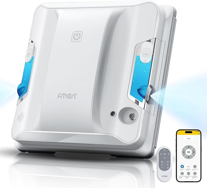FMART W7 Window Cleaning Robot – Dual Nozzles Ultrasonic Spray, 4000Pa Suction, AI Path Planning, Edge Detection, Anti-Slip Safety, App Control Window Cleaner Robot for Indoor/Outdoor Glass & Tiles
