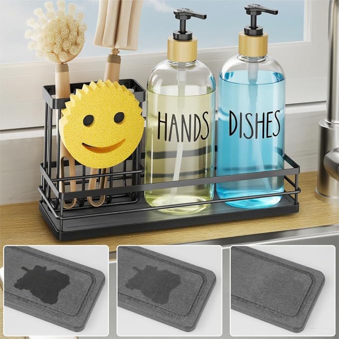 Moforoco Kitchen Dish Soap Dispenser Set, 16OZ Glass Bottle, Hand and Dish Soap Dispenser Set, Instant Dry Tray, Non-Slip Silicone Pad, Brush Holder with Sponge Holder, Kitchen Decor（Clear Bottle）