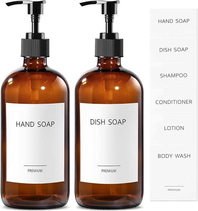 GMISUN Amber Glass Soap Dispenser, 2 Pack Bathroom Hand Soap Dispensers with Stainless Steel Pump, 17 Fl Oz Kitchen Hand and Dish Soap Dispenser Set, Modern Vintage Liquid Brown Soap Dispensers Bottle