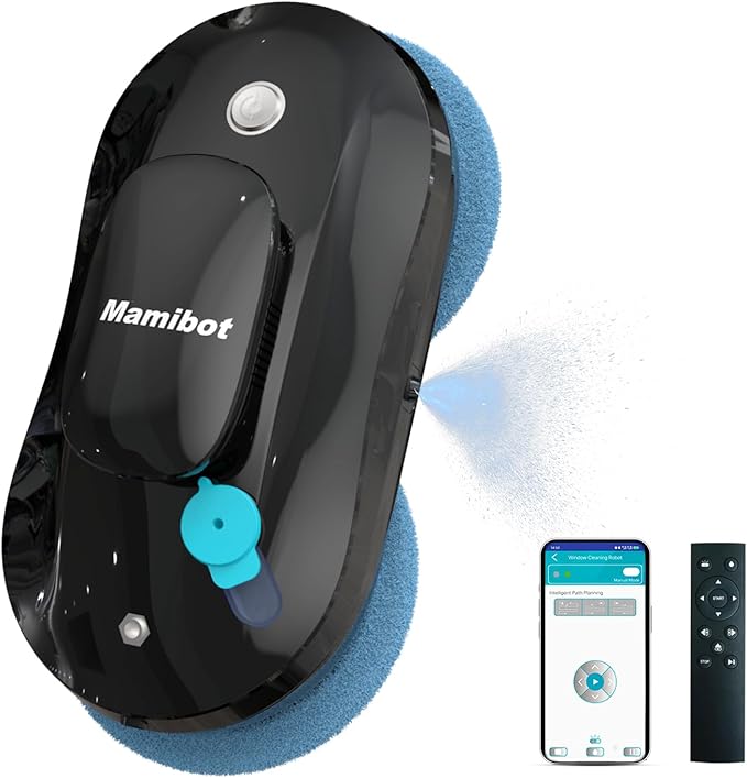 Mamibot Window Cleaner Robot,Automatic Water Spray Window Washing Machine with Intelligent Path Planning,Anti-Falling Edge Detection,APP and Remote Control,for Glass,Tiles,Bathroom Cleaning(Black)