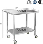 STABLEINK Stainless Steel Table with Caster Wheels 24 x 36 Inches, NSF Commercial Prep & Work Table with Adjustable Undershelf and Table Foot, for Commercial Kitchen, Restaurant, Hotel and Garage