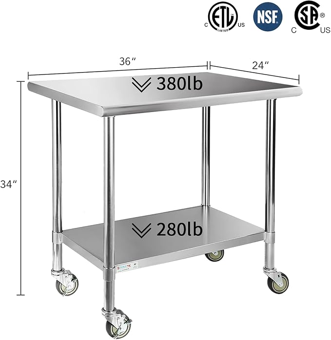 STABLEINK Stainless Steel Table with Caster Wheels 24 x 36 Inches, NSF Commercial Prep & Work Table with Adjustable Undershelf and Table Foot, for Commercial Kitchen, Restaurant, Hotel and Garage