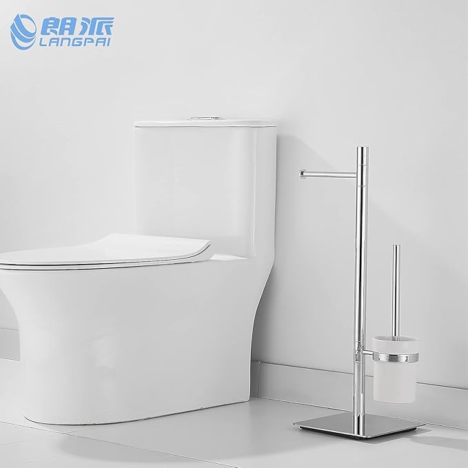Freestanding Toilet Brush and Paper Holder Set Superior Hotel Luxury Style Join Roll Paper and Toilet Brush Non-Skid Sturdy Floor Stand Brass Chrome with White Ceramic Cup