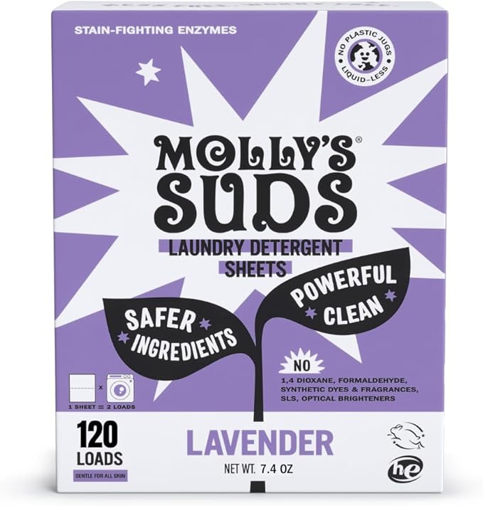 Molly’s Suds Laundry Detergent Sheets | Gentle on Sensitive Skin, Powerful Bio-Based Enzymes, Stain-Fighting | Liquidless & Plastic-Free Packaging | 120 Loads (Lavender)