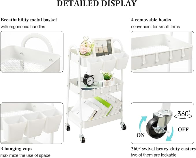 danpinera 3-Tier Rolling Cart, Metal Rolling Storage Cart with Lockable Wheels & Hanging Cups & Hooks, Mobile Trolley Cart for Kitchen, Bathroom, Office, Workshop, White