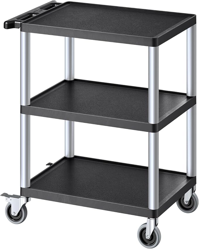 VEVOR Utility Cart, 300 lbs Load Capacity, 27.6 x 18.1-inch Service Cart, Three-Shelf Heavy Duty Plastic Utility Cart with 360° Swivel Wheels (2 with Brakes), Suitable for Warehouse, Garage, Cleaning