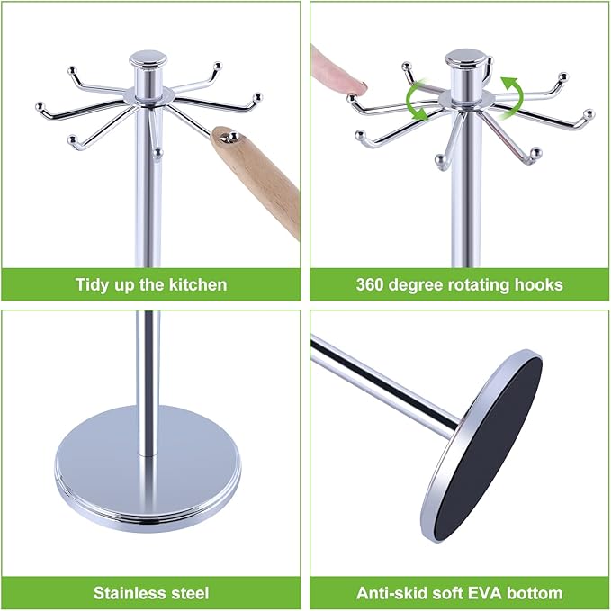 Kitchen Countertop Utensil Holder, Stainless Steel Rotatable Cooking Utensils Holder with 8 Rotating Hooks, Hanging Organizer for Spoon, Spatula, Soup Ladle, Spaghetti Server, Skimmer, Chrome