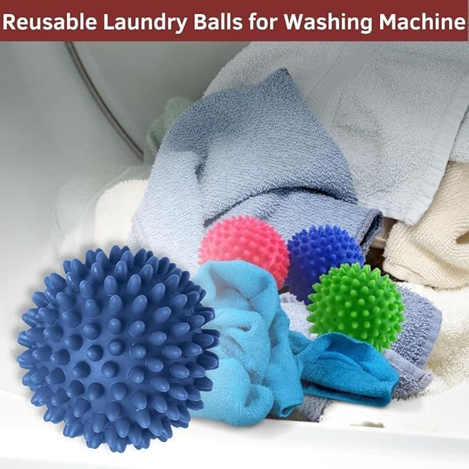 Reusable Laundry Dryer Balls, Plastic Anti-Static Fabric Softener, Reduces Wrinkles, Sustainable Cleaning Supplies, Essential Washing & Drying Aid for Soft, 6 Pack, 2.36 in (Blue/White/Red)