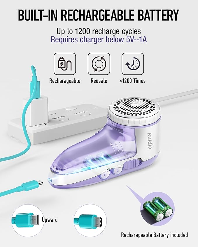 Ruidla Fabric Shaver Lint Shaver Defuzzer, Electric Lint Remover, Rechargeable Sweater Shaver with Replaceable Stainless Steel 3-Leaf Blades, Dual Protection, Removable Bin, (Micro-b Charging)